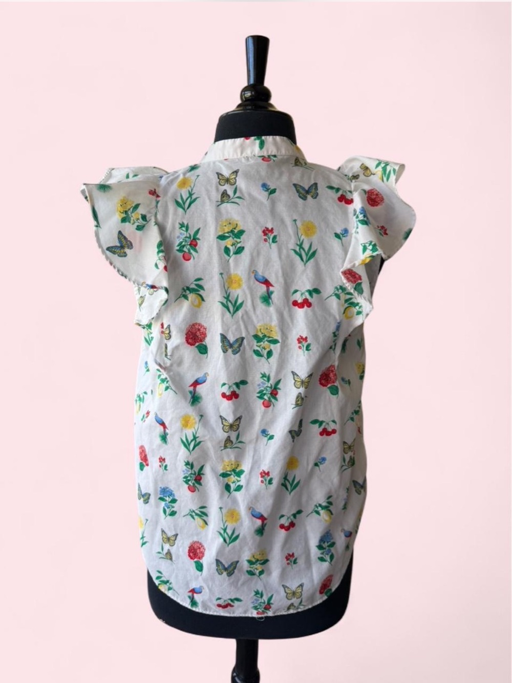 Ann Taylor White Floral & Butterfly Flutter Ruffle-Sleeve Summer Fairy Blouse - Picture 6 of 6